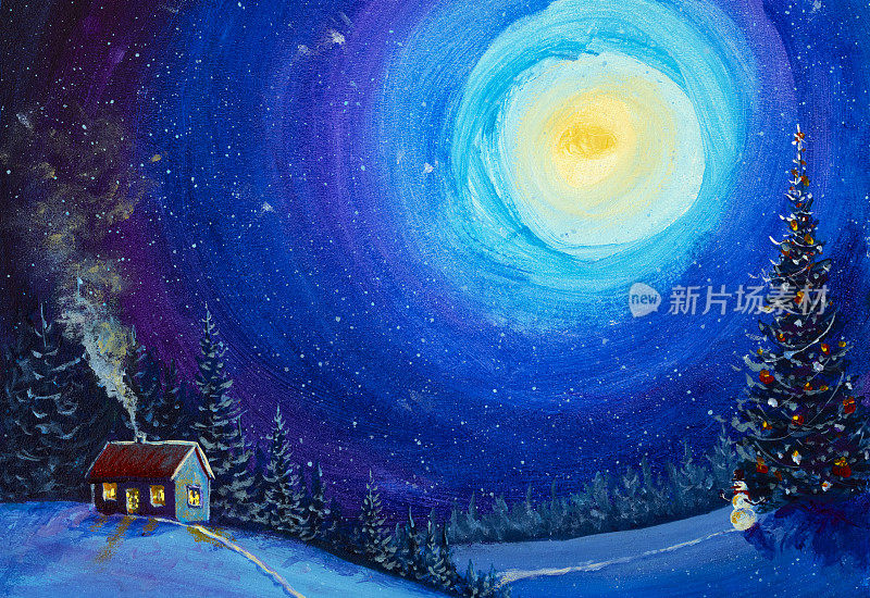 圣诞新年画，圣诞树，房子和雪人在冬夜的魔法森林画莫奈艺术品克劳德印象派画风景童话背景油