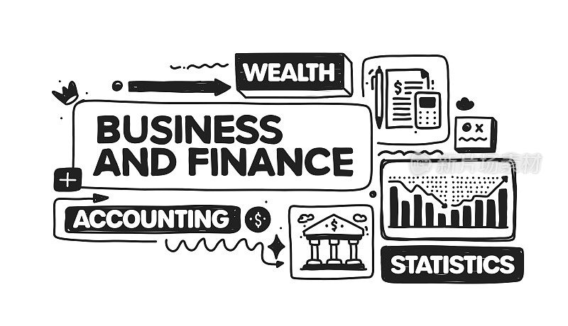Business和Finance对象和元素。矢量涂鸦插图收集。手绘图标集或横幅模板