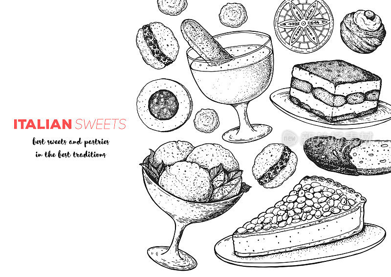 意大利甜点矢量插图。意大利甜手绘素描。复古设计模板。提拉米苏，意式冰淇淋，水果蛋糕，意大利面包，意大利脆饼，齐波尔，sfinci插画。