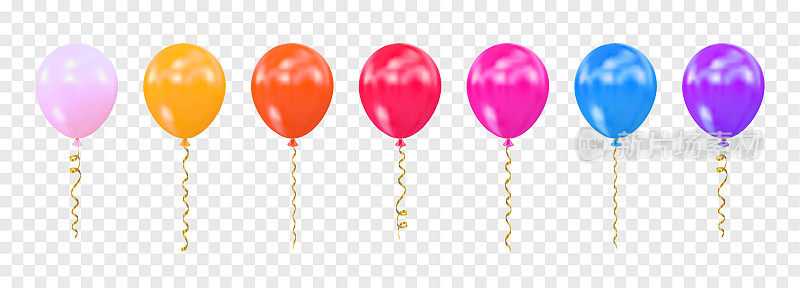 彩色气球设置孤立的透明背景。逼真的光滑的氦气球生日，事件，派对，庆祝周年和婚礼。矢量图
