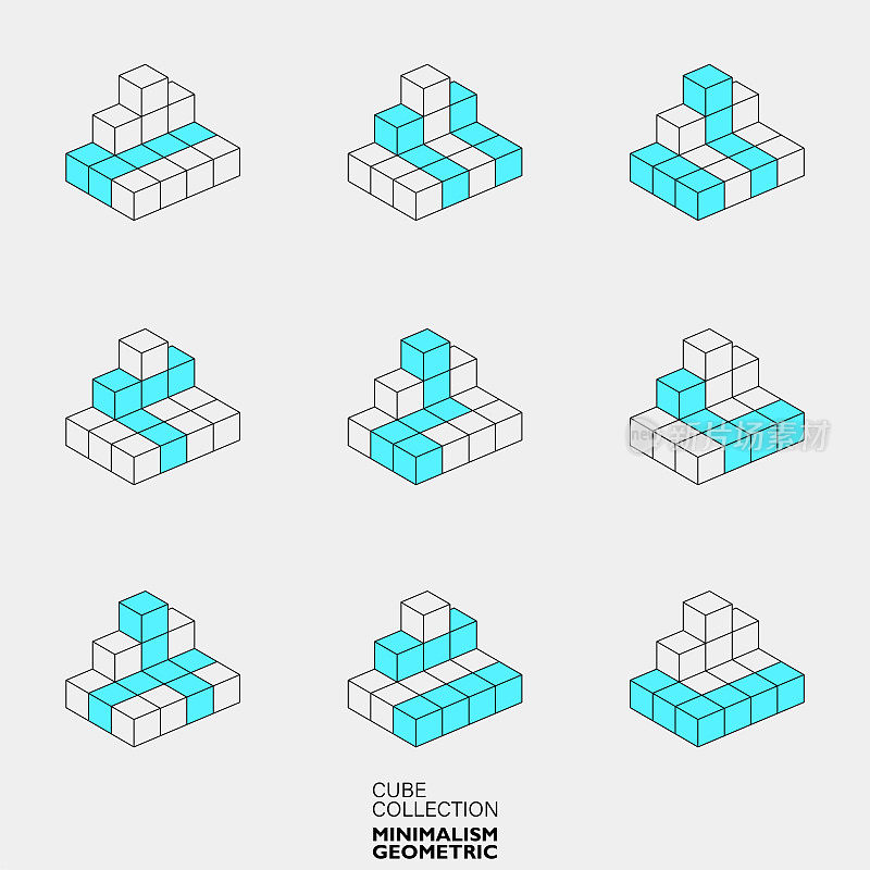 一套三维色彩极简几何立体线条结构图案