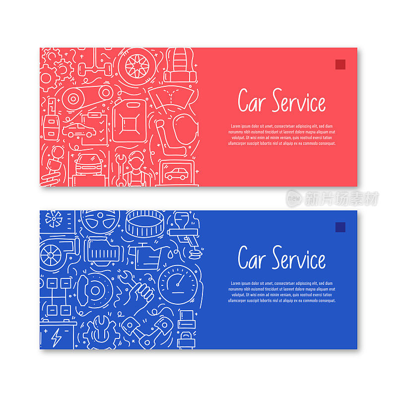 汽车服务相关的对象和元素。手绘矢量涂鸦插图集合。横幅模板与不同的汽车服务对象