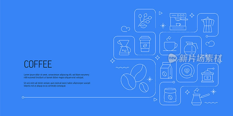 咖啡相关矢量横幅设计概念，现代线条风格与图标