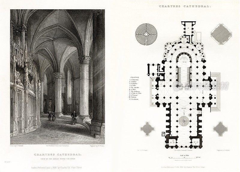 法国大教堂，沙特尔大教堂，鲁昂，法国，古董法国版画，1837年