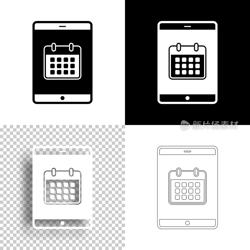 平板电脑日历。图标设计。空白，白色和黑色背景-线图标