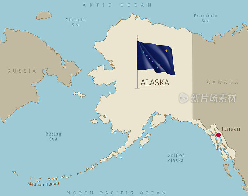 阿拉斯加州与飘扬的旗帜高度详细的地图