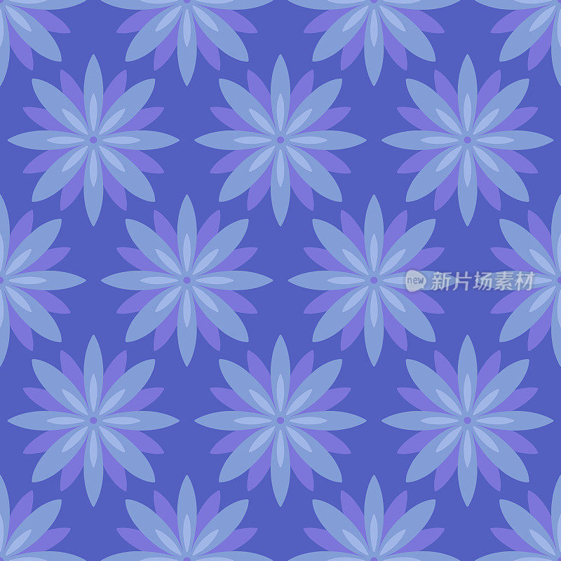 可爱的几何花无缝图案与花头离子海军蓝背景。春天矢量背景，植物抽象背景
