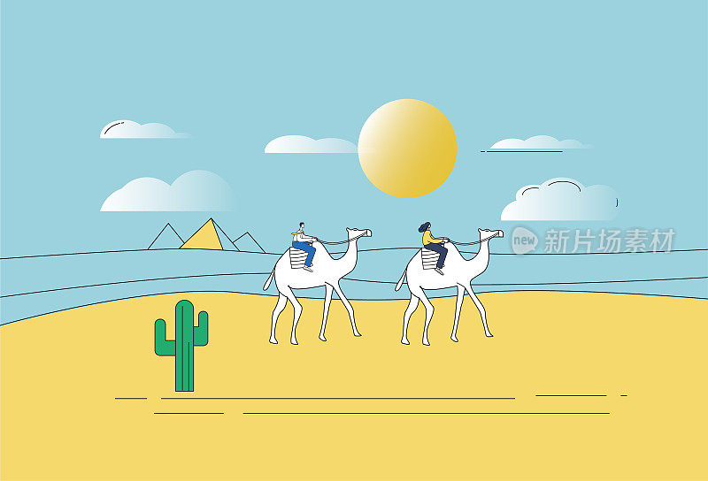 有两个人骑着骆驼在埃及的金字塔里旅行。