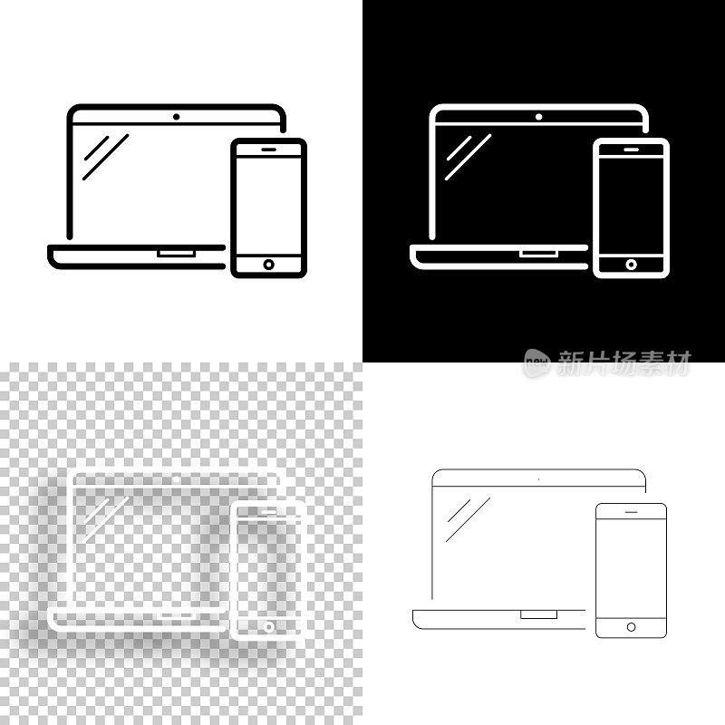 笔记本电脑和智能手机。图标设计。空白，白色和黑色背景-线图标