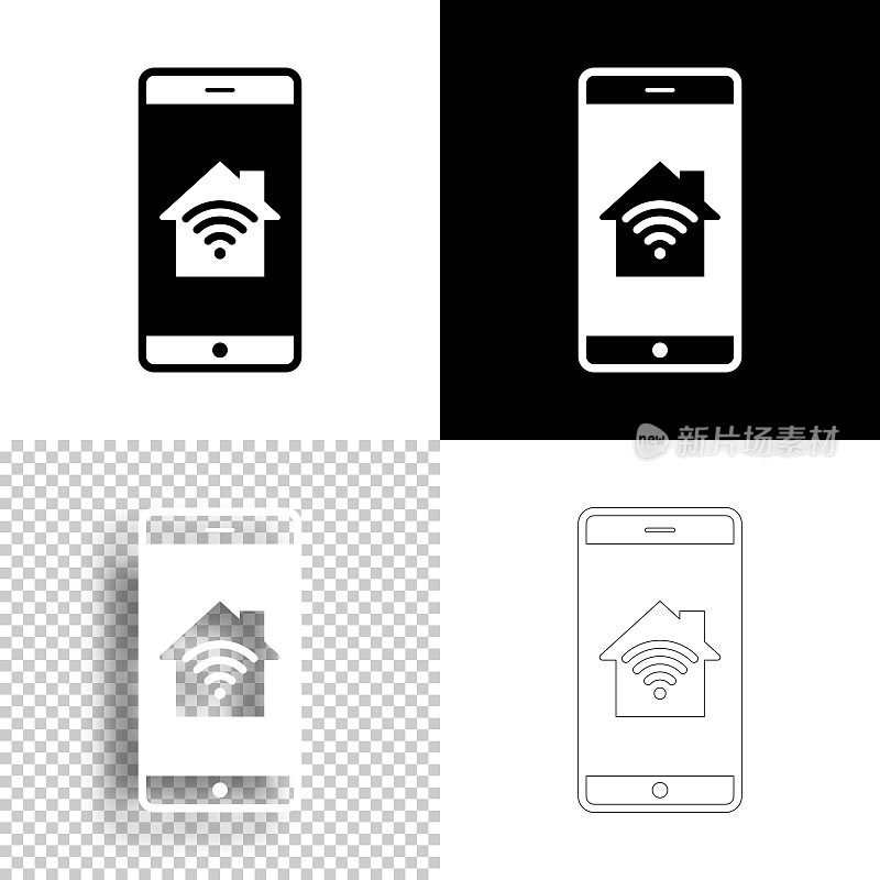 智能手机和智能家居。图标设计。空白,白色和黑色背景-线图标