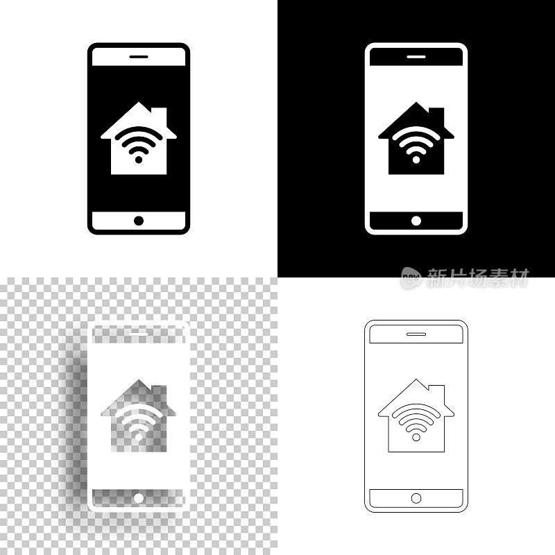 智能手机和智能家居。图标设计。空白，白色和黑色背景-线图标