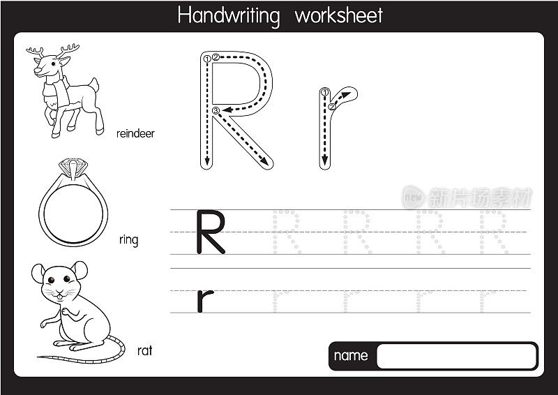 黑白矢量插图，用字母R大写字母或大写字母为儿童学习练习ABC