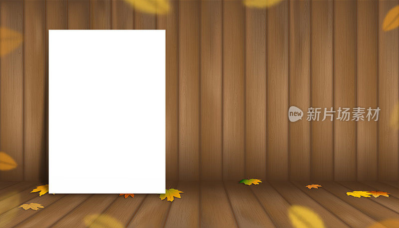 木色背景与秋叶，白色的纸海报站在木地板纹理，矢量插图3d工作室房间，横幅模板模型显示秋季，秋季产品演示