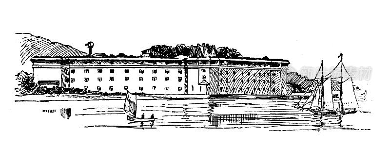 美国古董插图，纽约地标和公司:纽约港，沃兹沃斯堡，斯塔顿岛