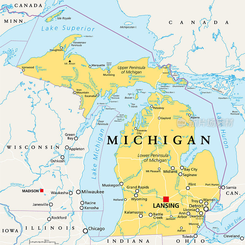 密歇根州，MI，政治地图，美国的一个州，昵称为大湖之州