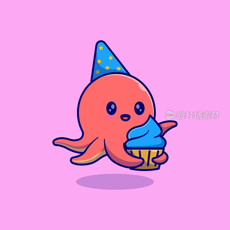 可爱的小章鱼矢量插图设计，拿着纸杯蛋糕，戴着圆锥形帽子