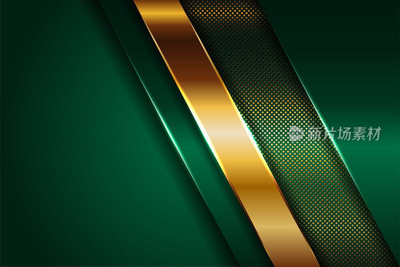 抽象多边形奢华深绿色结合金色金属质感背景。金属发光的金色线条重叠层纹理