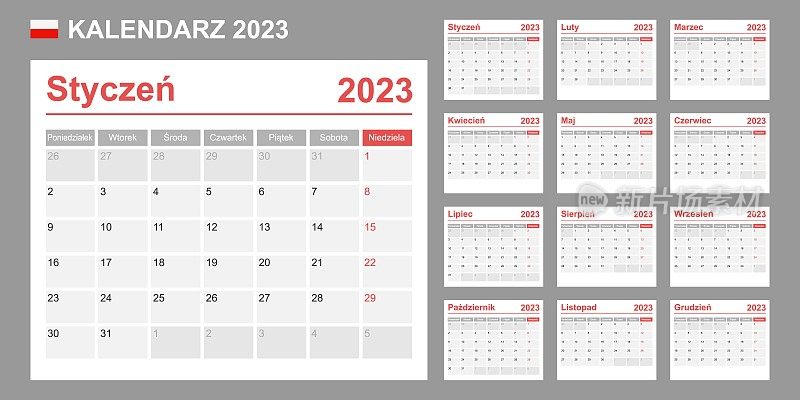 2023年波兰日历。一周从周一开始。简单的向量模板。业务设计计划。