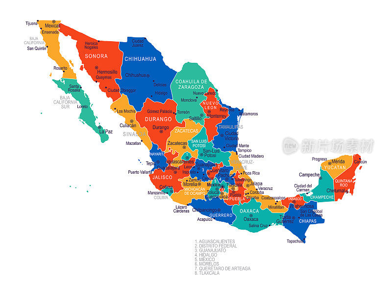 墨西哥地图-高度详细的矢量插图