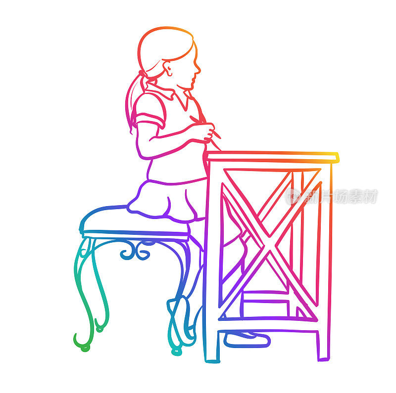女孩坐在别致的学校书桌黑板彩虹