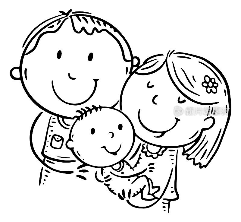父母拥抱婴儿的线条画。快乐的卡通爸爸妈妈拥抱着孩子