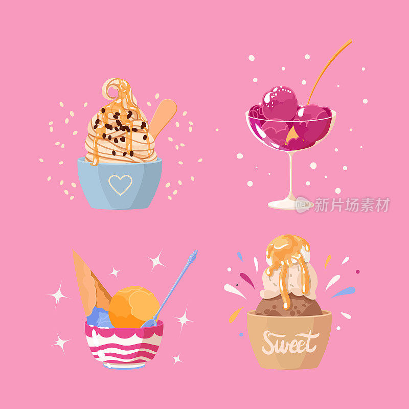 可爱的冰淇淋清爽的甜点向量集。球和软冰淇淋在玻璃碗和华夫杯。夏日冷冻糖果插图