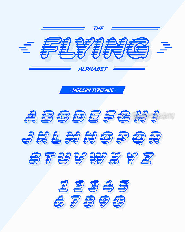 向量飞行字体倾斜风格青色现代排版。