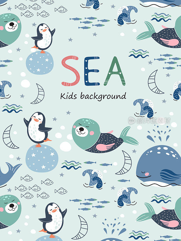 有趣的卡通企鹅，鲸鱼，海豹和鱼。冬天的蓝色背景。矢量插图。