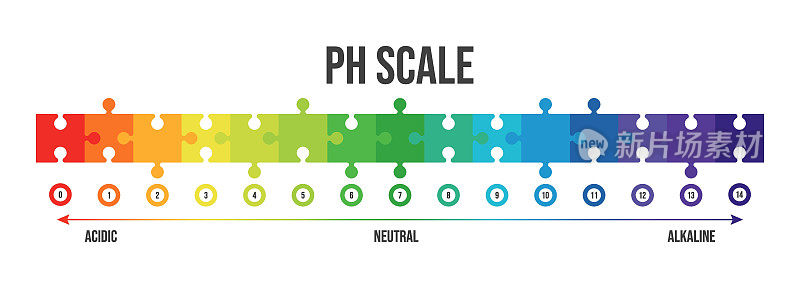 白色背景上的pH值刻度矢量图。彩色pH值比例尺图表仪表信息图。用于酸碱溶液的石蕊试纸指示剂。