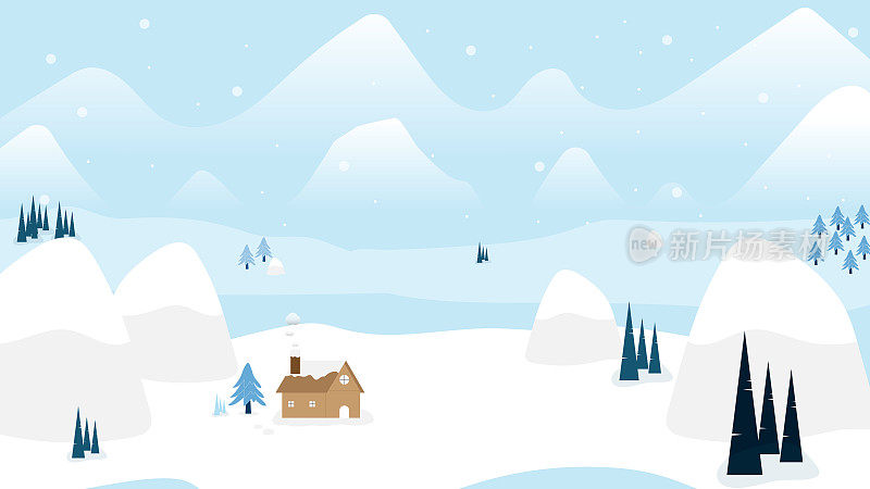 房子在山的山谷与雪的冬季插图矢量景观