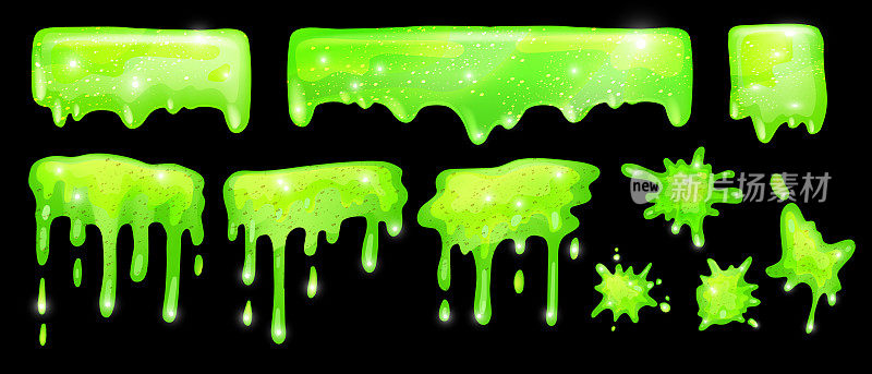 黏液矢量框架集，滴落绿色万圣节飞溅，3D果冻液体有毒卡通粘液套件。