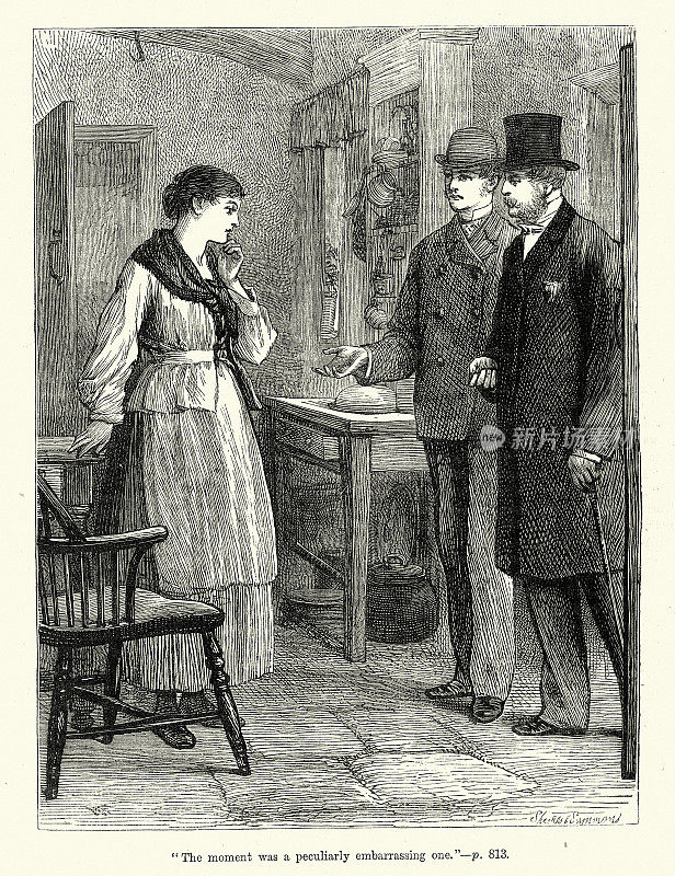 两个男人和一个女人之间尴尬的对话，维多利亚时代，19世纪，19世纪