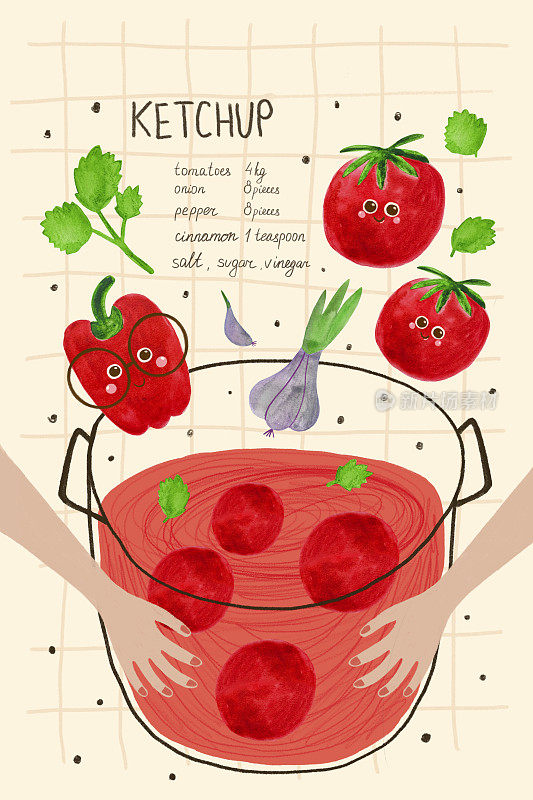 配方的海报。食谱书，烹饪书。怎么做番茄酱。可爱的卡通海报为厨房与手绘番茄，辣椒，炖锅，手插图。水彩蔬菜