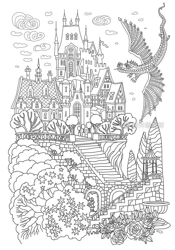 梦幻景观与飞龙。山上的童话城堡，石头楼梯，花园里的玫瑰。黑白涂色书页