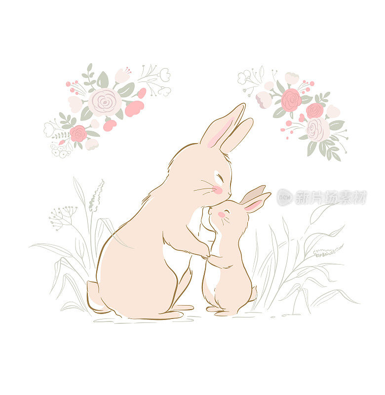 兔子妈妈和兔子宝宝的矢量插画。兔子妈妈又拥抱又亲吻小兔子。可爱的米色小兔子。可用于t恤印花、童装时尚设计、宝宝送礼会请柬