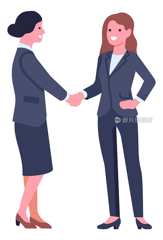 商业女性角色。工作的女职员。穿着正装的女商人。工人握手。成功的谈判。伙伴关系与合作。向量的握手姿势