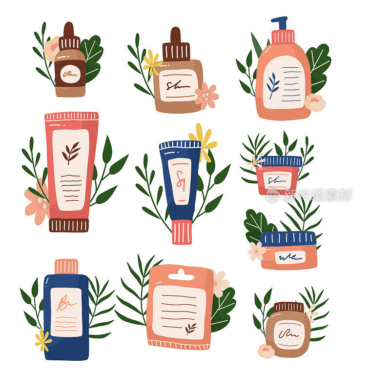 带叶子的瓶瓶罐罐化妆品美容产品。天然护肤，身体护理，面霜，乳液产品。