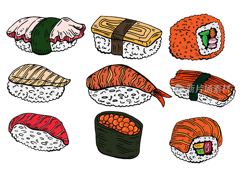 寿司和面包卷套餐。日本传统料理——握寿司、手烧、田麻鱼、生鱼片、浦卷、福卷。手绘矢量画孤立在白色背景上的亚洲餐厅菜单。