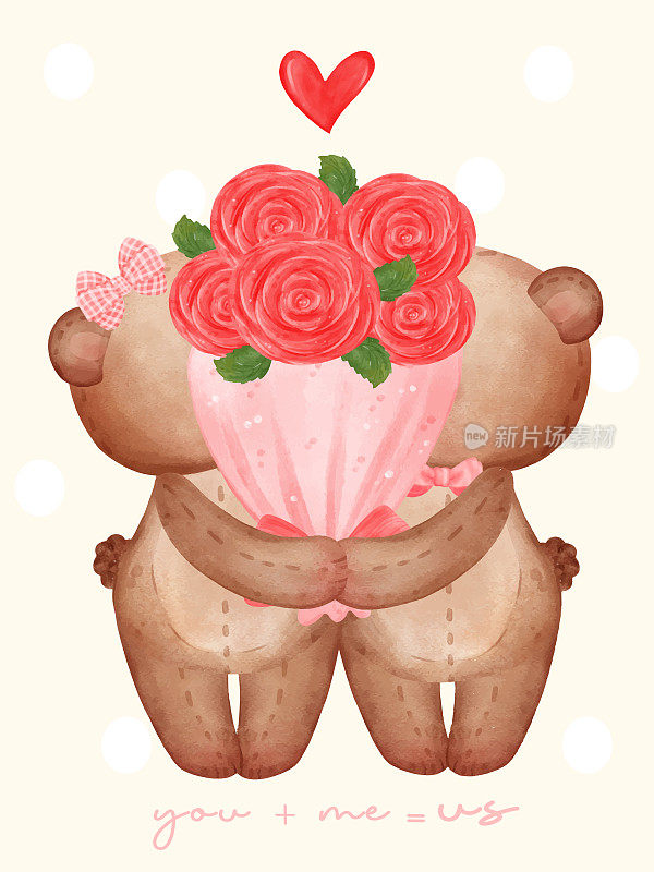 可爱的夫妇泰迪熊玩偶亲吻背后的玫瑰花束，可爱的卡通水彩手绘矢量插画