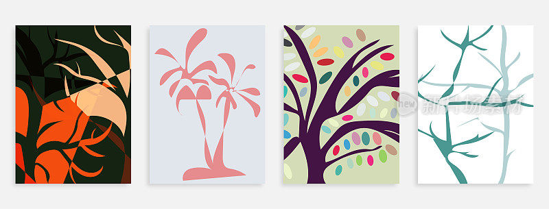 矢量手绘树植物图案卡片旗帜抽象创意通用艺术模板背景。套装适用于海报、名片、邀请函、传单、封面、横幅、海报、宣传册等平面设计
