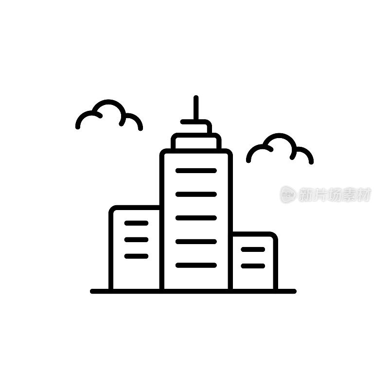 城市线图标。高层建筑，公寓，人，大都市，云，人口，中心，居民。城市的概念。矢量黑线图标在白色背景