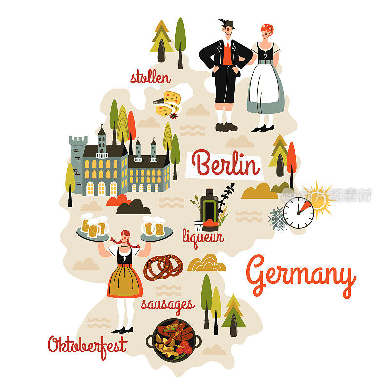 德国地图手绘卡通风格。人们在民族服饰，旅游景点，文化地标，建筑，发明，传统食品。漫画信息图，涂鸦剪贴画。矢量平面图