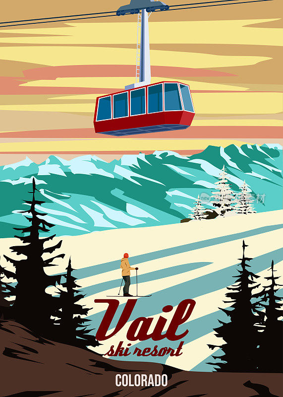 韦尔滑雪旅游胜地海报复古。美国科罗拉多州冬季风景旅游卡