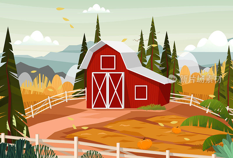 乡村农场景观与家庭农场和围栏矢量