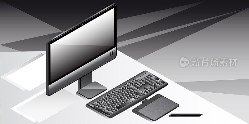 现实风格的无线技术。电脑显示器，键盘和图形平板电脑与黑白抽象背景上的触控笔。