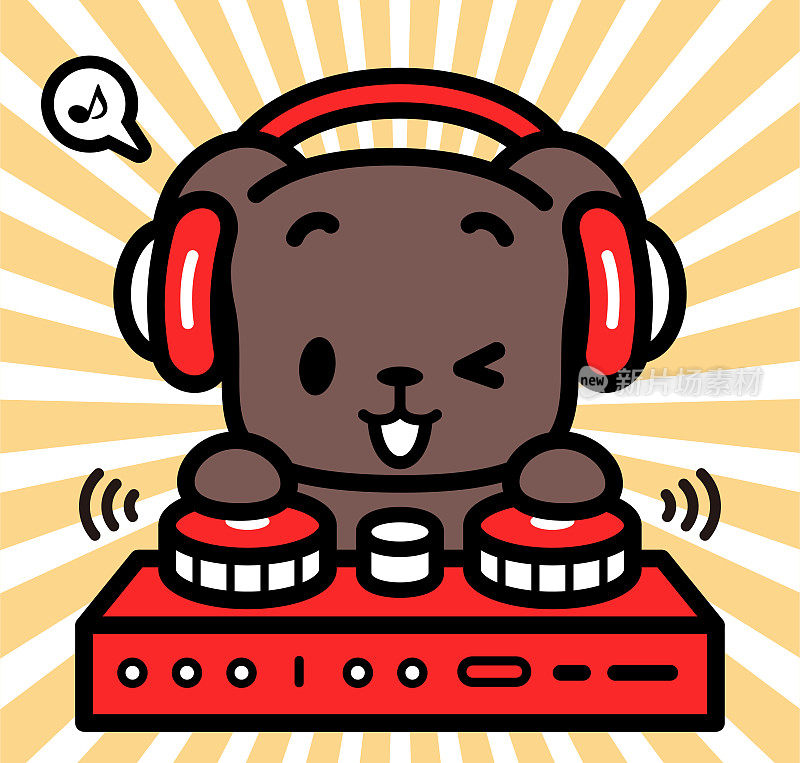 可爱的拉布拉多猎犬的角色设计戴着耳机，在唱盘上演奏