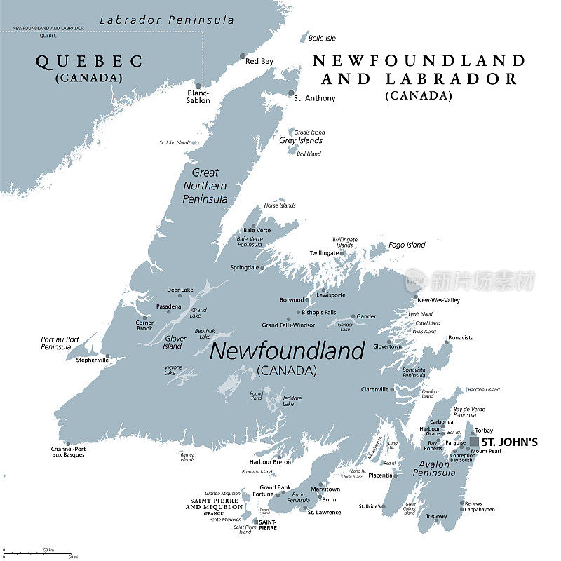 纽芬兰岛，灰色政治地图，纽芬兰和拉布拉多