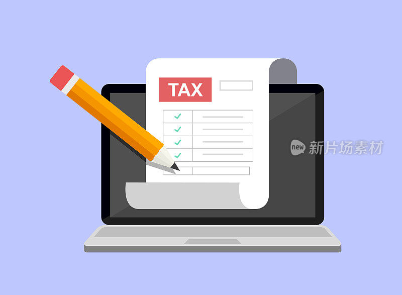 财务税务报告。纳税申报计算。笔记本电脑里有税单和铅笔。矢量插图在线纳税。