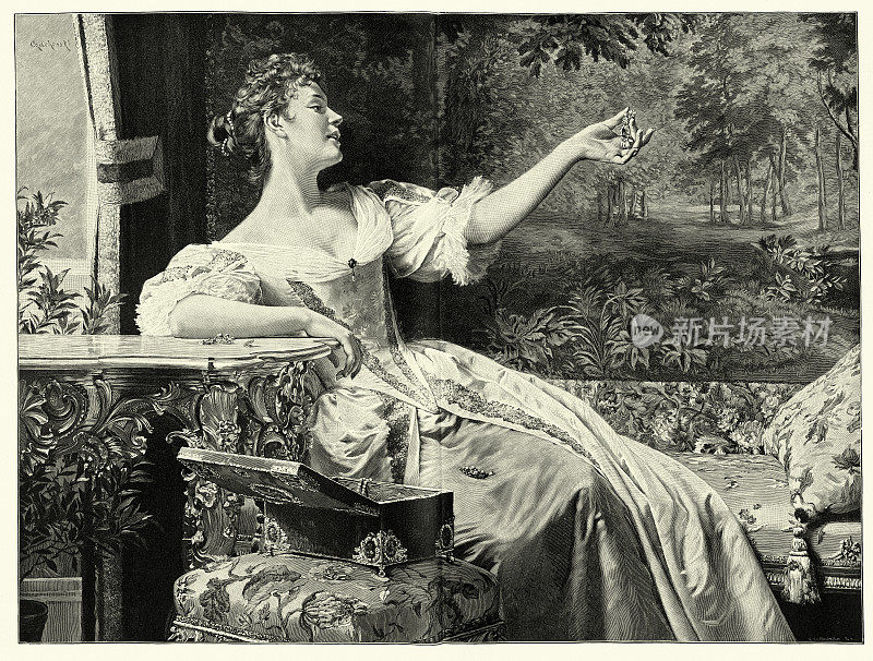 新珠宝，年轻女子欣赏她的珠宝，后画W?adys?aw Czachórski, 19世纪学院艺术