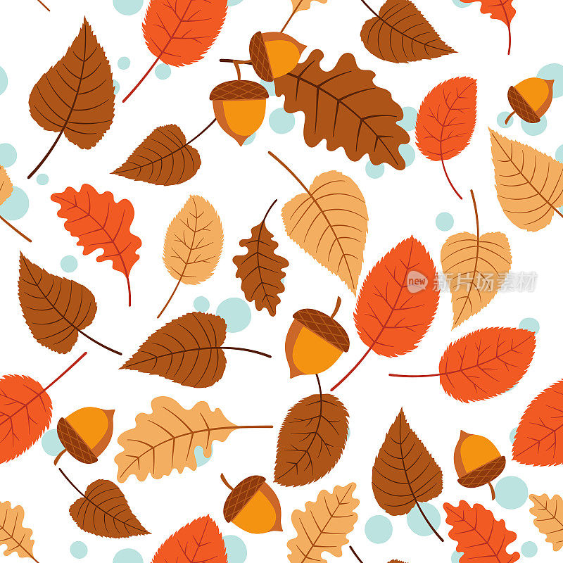 可爱的秋叶和橡子无缝图案